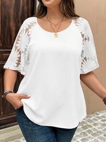 EMERY ROSE Plus Size Women Summer Casual Round Neck Short Sleeve Shirt - White - View 5