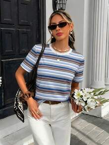 SHEIN Frenchy Áo thun nữ cổ tròn dáng rộng, họa tiết sọc phối màu retro, thích hợp cho các hoạt động ngoài trời, dạo phố, sân bay, đi làm, nghỉ mát biển, thể thao và tập luyện. - Nhiều màu - Xem 8