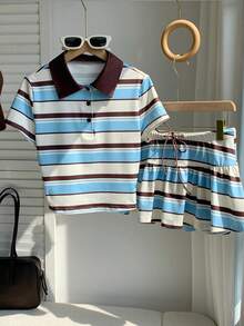 Conjunto de 2 piezas de camiseta de manga corta a rayas y minifalda casual de verano para mujer - Multicolor - Ver 5