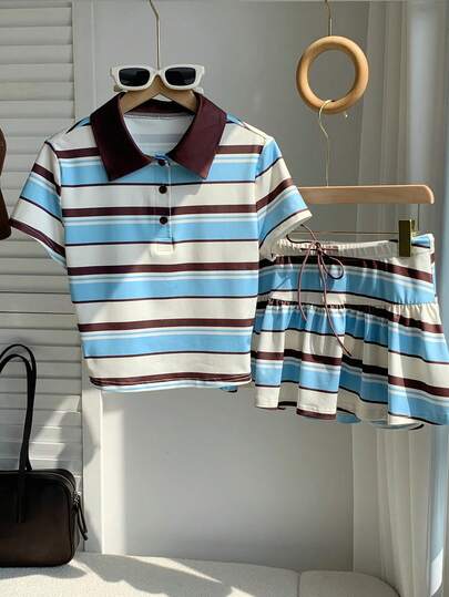 Comfortcana 女士条纹 Polo 领短袖 T 恤和迷你裙休闲两件套