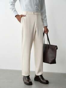 MENRIVO 男士西装裤，通勤休闲百搭直筒西装裤，腰部铆钉设计奶油色裤子男士高腰裤米色裤子男士卡其色正装裤男士正装裤 - 杏色 - 查看 4