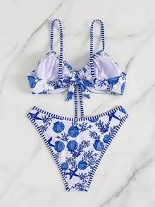 Swim Mod 2pcs/Set New Spring/Summer Ocean Print Spaghetti Strap Backless Tie-Back Sexy Sweet Cute Women Beach Bikini Swimwear For Summer Beach Holiday Push Up Swimsuits For Woman Bikinis Set For Women - Multicolor - View 4