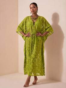 New Women's Elegant Hollow-Out Lace Maxi Cover Up Dress, Suitable For Beach, Pool Party, Vacation. Available In Military Green, Robe Style Cover Up Summer - Army Green - View 7