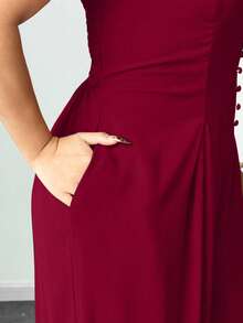 SHEIN CURVE+ Plus Size Women's Elegant Pleated Waist Wide Leg Jumpsuit, Spring/Summer - Burgundy - View 5