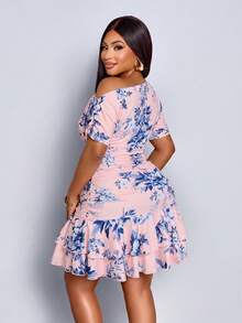 Vestido mini elegante de fiesta y día con cuello asimétrico, mangas largas, recogido y doble volante, de punto color albaricoque para mujer - Dark Blue - Ver 3