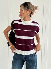 Women's Contrasting Color Striped Knit Blouse - Beige - View 3