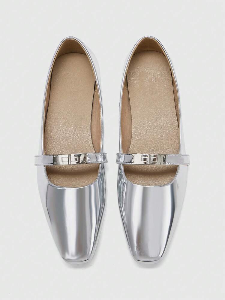 CUCCOO BIZCHIC Women Shoes Small Square Toe Flat Bottom Silver Mirror Metal Buckle Women's Low Vamp Flat Bottom Shoes Light And Comfortable Commuting Mary Jane With Skirt Women's Shoes