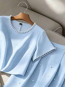 GlowEve CURVE Plus Size Women Pearl Decor Short Sleeve Top And Mini Skirt Elegant 2-Piece Set - Blue - View 5