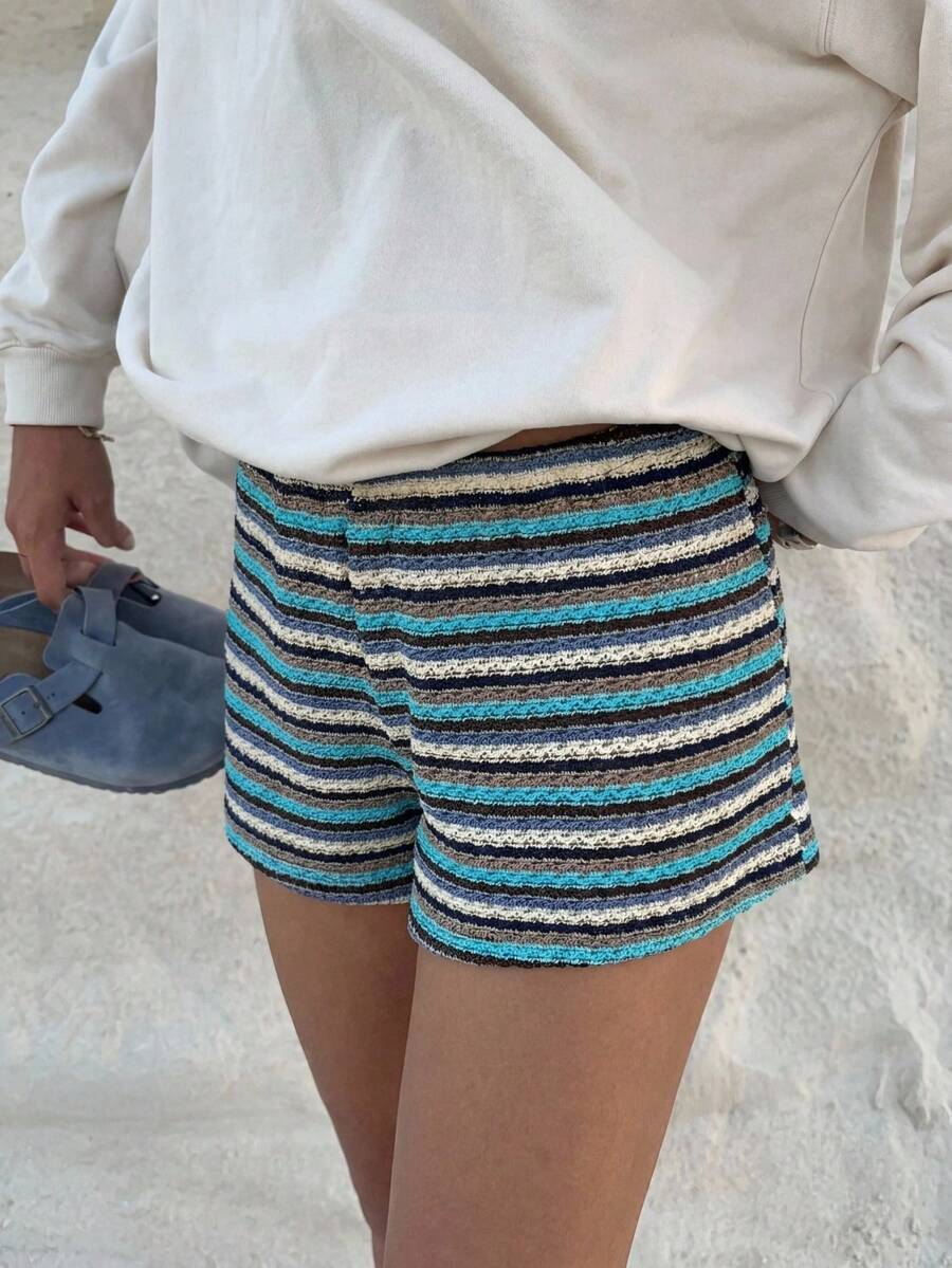 CovetEZ Quần short kẻ sọc thường ngày dành cho nữ - Màu xanh lam - Xem 1