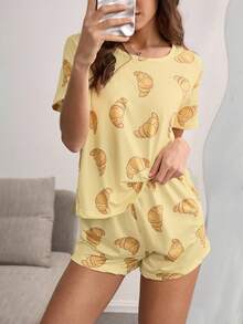 SHEIN 卡通羊角面包印花短袖短裤两件套可爱女童睡衣套装 - 黃色 - 查看 1