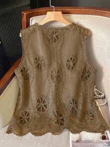 Lacomfia Áo camisole nữ cỡ lớn, thanh lịch, tối giản, cổ tròn, khoét lỗ, họa tiết hoa. - Cà phê nâu - Xem 2