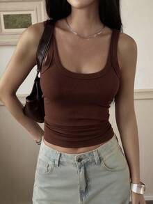 DAZY Top corto de punto acanalado de unicolor minimalista para uso casual y diario de verano para mujeres - Óxido marrón - Ver 6