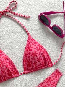 Swim Mod 2026 New Spring/Summer Women 2pcs Swimwear Set, Random Floral Print, Beach Holiday Elegant Casual Swimwear - Red - View 5