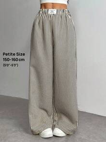SHEIN PETITE Women's Letter & Striped Wide Leg Loose Casual Pants ,Petite Women - Dark Grey - View 8