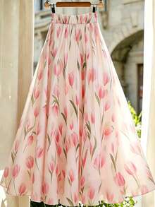 SHEIN Franclia 女士新款法式浪漫郁金香印花束腰度假裙 - 粉色 - 查看 2