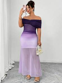 Elenzga Đầm maxi ôm sát trễ vai xếp ly dành cho nữ cỡ lớn, màu xanh lam và trắng ombre, chất liệu lưới xuyên thấu nhẹ nhàng, gợi cảm, thanh lịch, thích hợp cho tiệc trà chiều, tôn dáng, co giãn, thoải mái. - Màu tím - Xem 3