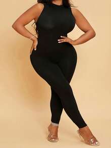 SHEIN SXY Plus Size Summer Sleeveless Tight Jumpsuit, Casual & Minimalist - Black - View 8