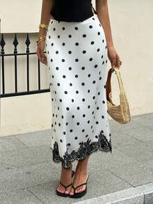 SHEIN EZwear Chân váy nữ thời trang đa năng in họa tiết chấm bi phối ren. - trắng - Xem 5