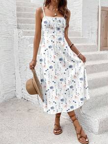 SHEIN Frenchy Đầm midi nữ in hoa, thiết kế xếp ly, xẻ tà, thích hợp cho kỳ nghỉ. - Nhiều màu - Xem 3