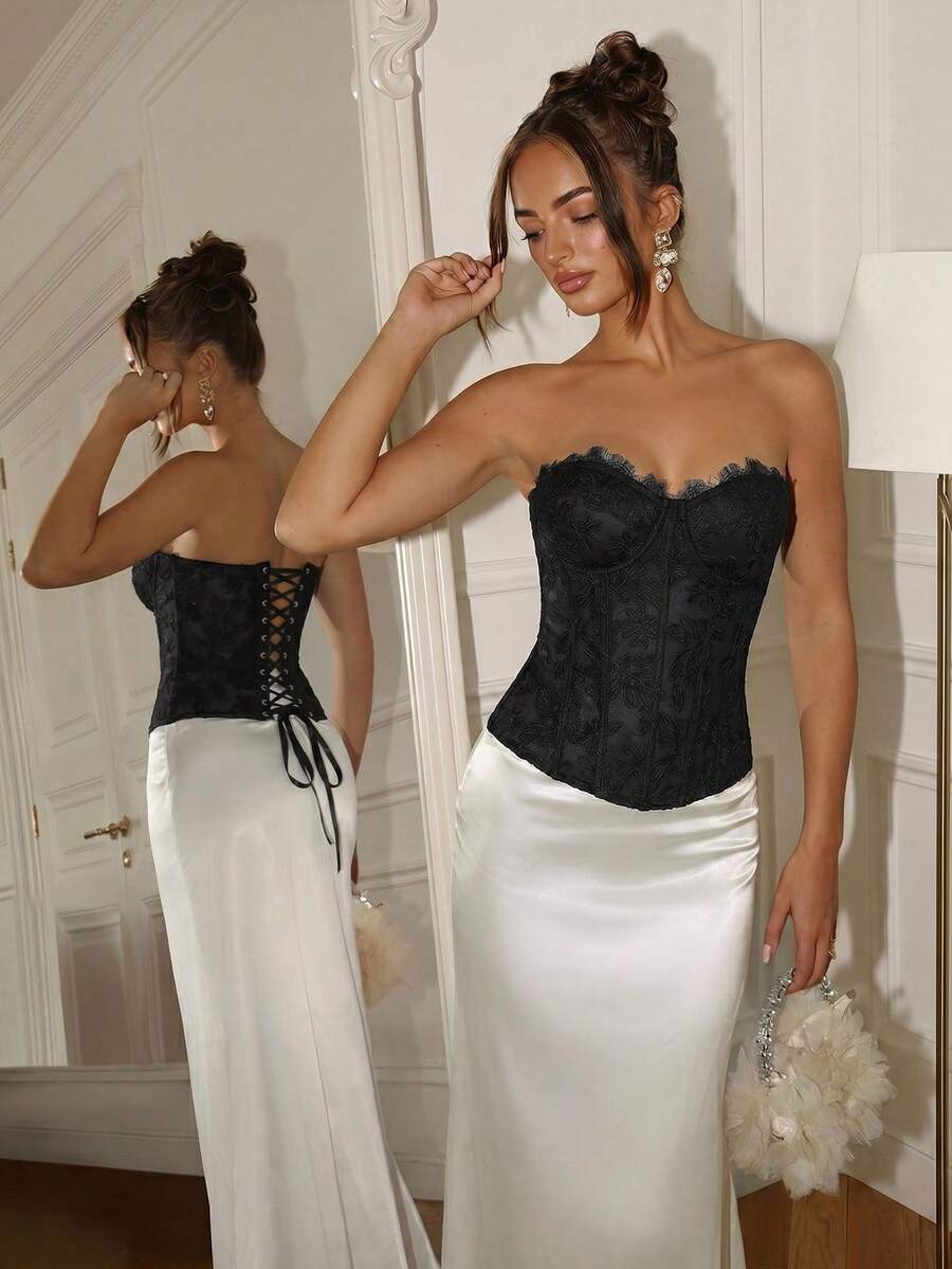 Women's Elegant Sexy Floral Embroidery Bandeau Top, Summer - Black - View 1