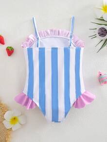 SHEIN Young Girl Striped Ruffled One-Piece Swimwear - Blue - View 5