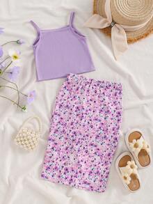 Emery Rose Kids Emery Rose Kids Conjunto de top casual de tirantes finos y sin mangas acanalado para niñas, verano - Morado - Ver 3