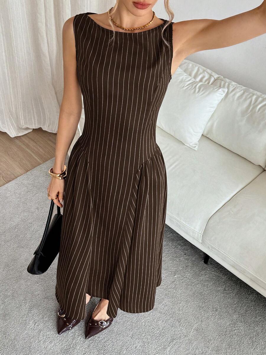 Siren Gaze Women's Striped Round Neck Sleeveless Dress - Coffee Brown - View 1