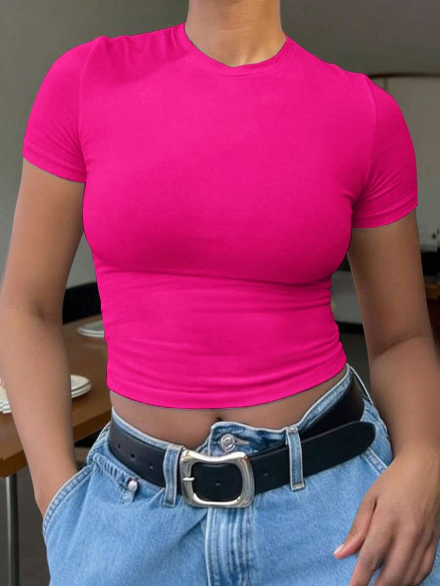 INAWLY Solva Women's Casual Solid Color Cropped T-Shirt, Summer - Hot Pink - View 1