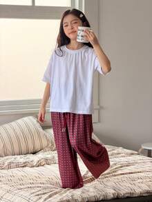 DAZY Bộ đồ ngủ thoải mái gồm áo thun và quần dài dành cho bé gái tuổi teen. - Gỗ đỏ - Xem 3