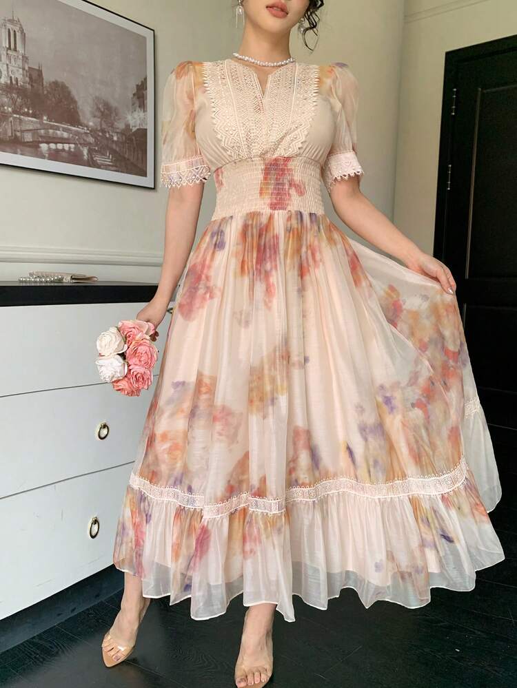 Women's Elegant Floral Print Lace Patchwork Mid-Length Dress, Summer