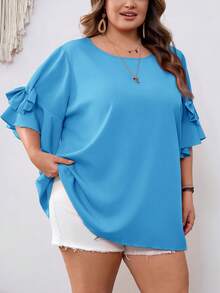 SHEIN CURVE+ Áo sơ mi nữ màu hồng cánh sen cổ tròn trang trí nơ, cỡ US22, phong cách Bohemia, thích hợp cho lễ hội âm nhạc, kỳ nghỉ bên bờ biển, mùa hè. - Màu xanh lam - Xem 3