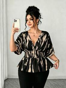 SHEIN Elenzya 大码女式V领插肩袖休闲衬衫，适合外出、聚会和通勤。 - 黑色 - 查看 7