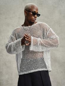 PAVTROS Men's Round Neck Long Sleeve Knitted Mesh T-Shirt, Suitable For Spring/Summer Casual Daily Life, Travel And Vacation Wear - White - View 3