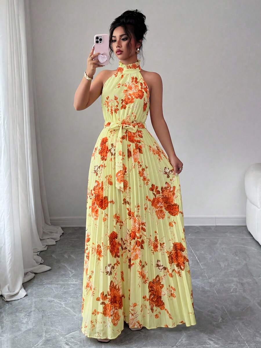 Elenzga Ärmellose Neckholder Taille A-Linie Blume Muster elegantes romantisches Kleid für Frauen - Verschiedenfarbig - Übersicht 1