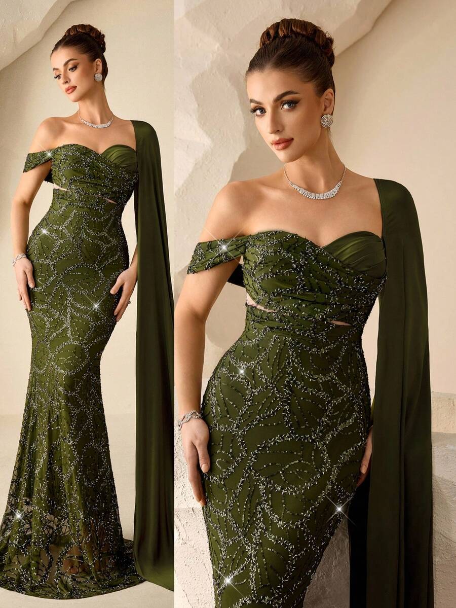Coutiva Women's Beaded One Shoulder Ruffle Trim Mermaid Dress