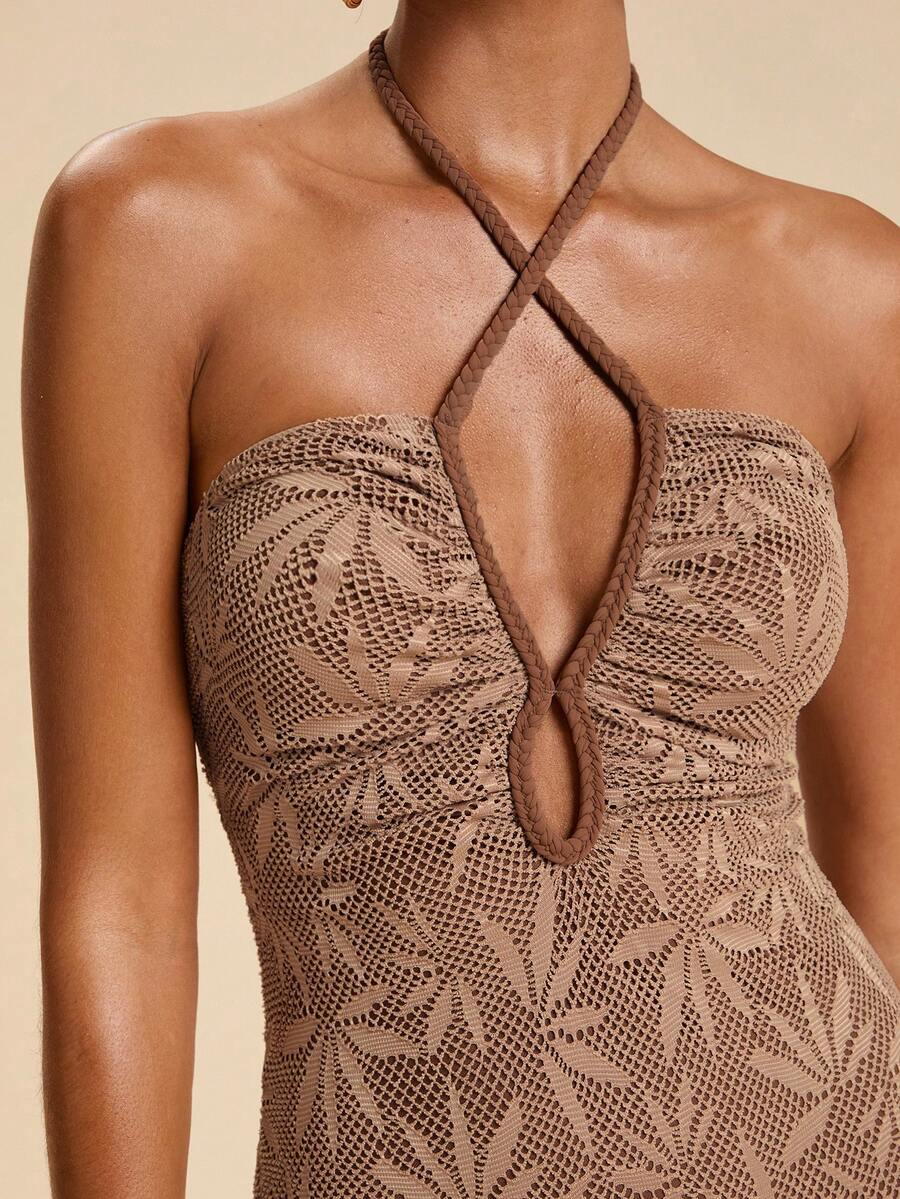Travachic Women's Hollow Palm Tree Criss-Cross Halter One-Piece Swimsuit Summer Beach Vacation - Multicolor - View 1