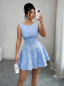 Elenzga Vestido elegante sin mangas con espalda anudada y estampado jacquard, para verano - Celeste - Ver 3