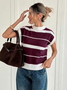 Women's Contrasting Color Striped Knit Blouse - Beige - View 4