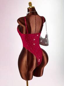 女士时尚性感亮片撞色网纱连体衣 - 酒紅色 - 查看 11