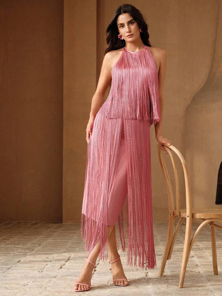 Women's New Arrival Pink Fringe Long Dress, Elegant Party Wear For Spring/Summer