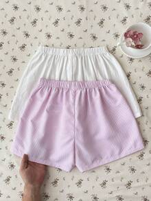 SHEIN 2pcs/Set Tween Girls' Striped Shorts With Bow Decor - Multicolor - View 8