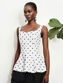 Aveloria Modichic Beige Vintage Retro Polka Dot Blouse, Fashionable For Commuting, Polka Dot Element, Square Collar Design, Fitted Waist, A-Line Silhouette, Silk Fabric, Smooth Texture, Suitable For Office, Afternoon Tea, Casual City Outings, Weekend Gatherings, And Spring/Summer Outdoor Activities, Showcasing Charming Elegance And Fresh Feminine Allure. New Arrival Women's Blouse With Heart Neckline, Waist Cinching, And Flared Hem - Beige - View 3