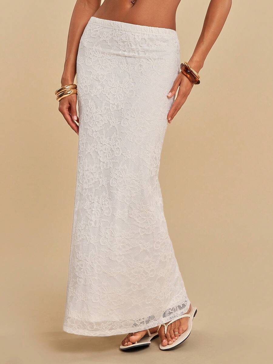 SHEIN TRVLCHIC Chân váy maxi dài thêu rỗng dành cho nữ, thích hợp cho mùa xuân/hè. - trắng - Xem 1
