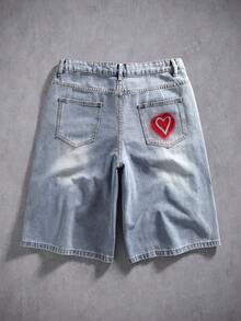 Manfinity Denimwave Quần short denim ống đứng dáng rộng, thời trang, họa tiết môi đỏ và trái tim, phong cách đường phố mùa hè đa năng. - Rửa nhẹ - Xem 2
