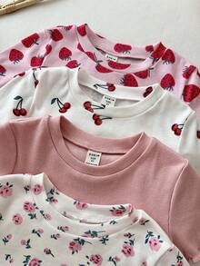 4pcs/Set Young Girl Knitted Solid & Ditsy Floral Round Neck Casual T-Shirts - Multicolor - View 5