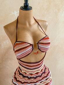 Soleia 女士假日针织条纹迷你连衣裙，性感派对约会海滩度假夏季穿搭，适合假日、约会、下午茶、婚礼季、海滩游轮、城市公路旅行、波西米亚风度假、音乐节等场合。 - 彩色 - 查看 3