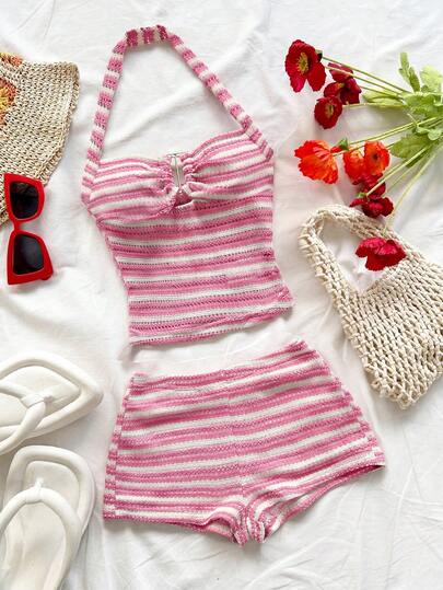 Soleia Conjunto de 2 piezas de top halter sin espalda y shorts a rayas para vacaciones en la playa de mujer