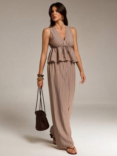 SHEIN Tall Women's Striped Tie Waist Sleeveless Shirt And Pants Casual 2 Pieces Set,Summer Brown Striped Belted Sleeveless Two Pieces Set, Vintage Style, Suitable For Everyday Wear, Casual Commuting, Bohemian Style., Brown Striped 2 Pieces Set,Women's Summer Set,Women Carnival Costume ,Casual Sets For Women,Vacation Outfits Women