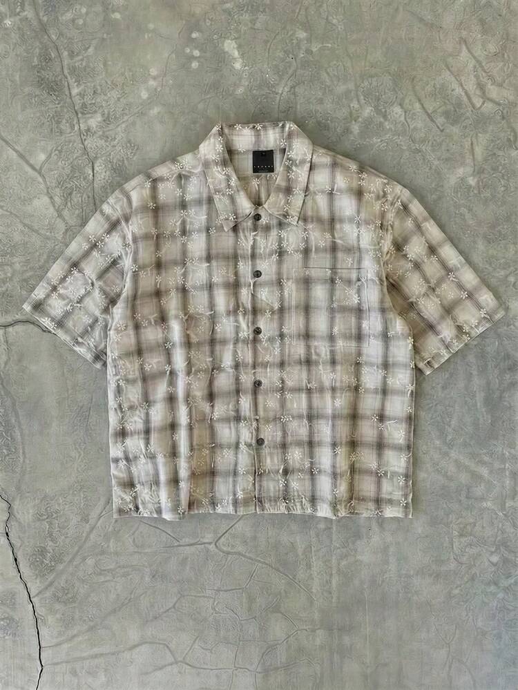 Kurzarm Knopfhemd mit kariertem Muster, Vintage Lässig Sommer Hemd mit Kragen, Regular Fit, Retro Stil Urlaubshemd