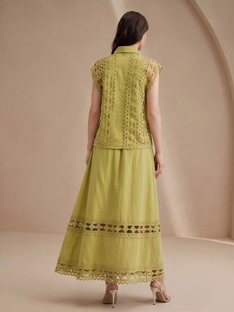 Women's New Yellow-Green Hollow Floral Splice Sleeveless Shirt & Flared Skirt 2 Pieces Set, Versatile For Vacation